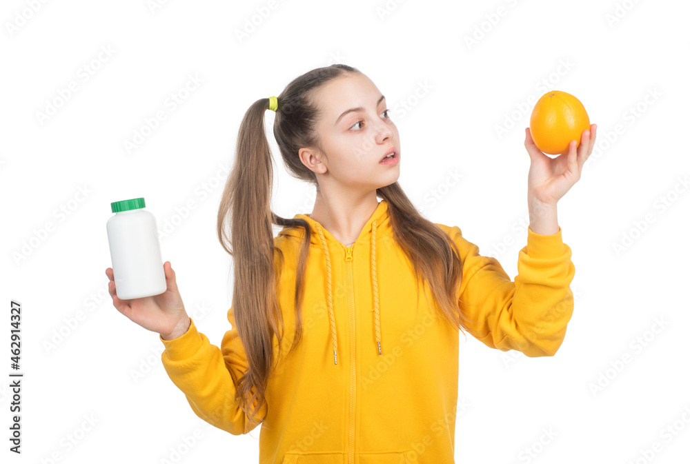 child choose between orange fruit and vitamin pill in jar bottle isolated on white, pill child choose between orange fruit and vitamin pill in jar bottle isolated on white, pill