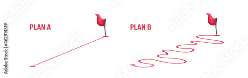 Smooth route A vs reality hard and rough plan B. Сomparison of different way. Vector flat illustration isolated on white background.
