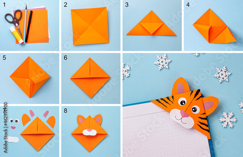 Step-by-step photo instruction on how to make a bookmark in the form of an orange tiger out of paper with your own hands. The symbol of the new year 2022. Simple crafts with children. Origami