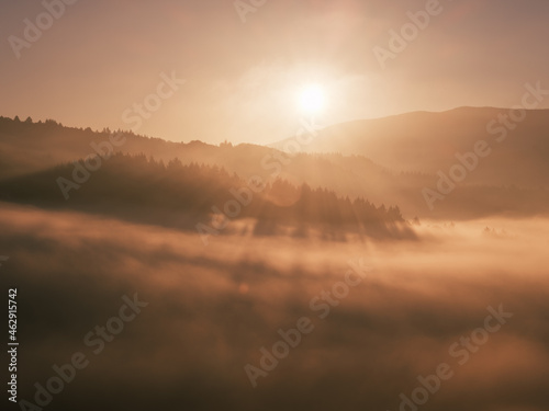 Gegenlicht im Schwarzwald, Herbststimmung mit Nebel, warme Farben, Querformat