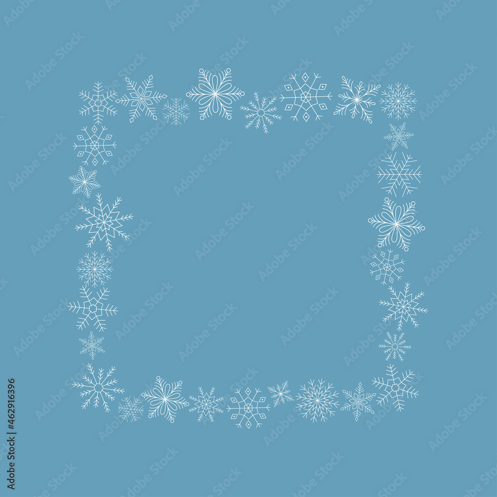 Square frame of white snowflakes on blue background. Line art. Ice crystal winter symbol. Template for winter design. 