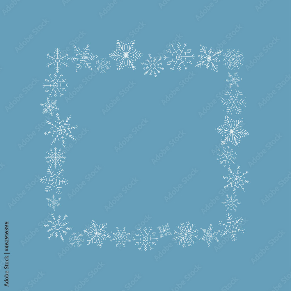 Square frame of white snowflakes on blue background. Line art. Ice crystal winter symbol. Template for winter design. Square frame of white snowflakes on blue background. Line art. Ice crystal winter symbol. Template for winter design.