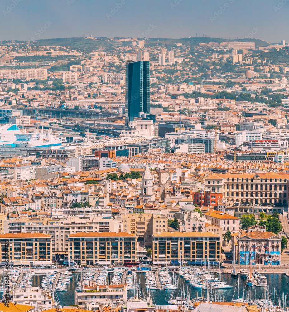 Marseille, France. Cityscape of Marseille, France. Urban background. Urban elevated view, cityscape of Marseille, France. Sunny summer day with bright blue sky