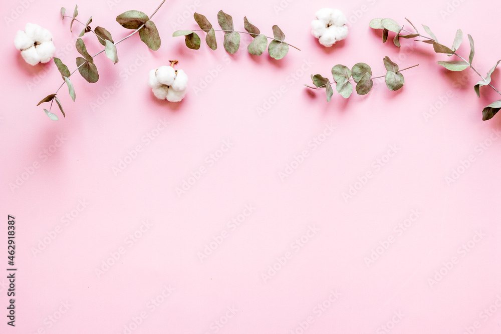 Eucalyptus leaves and cotton flowers pattern, flat lay Eucalyptus leaves and cotton flowers pattern, flat lay