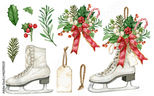 Vintage Christmas white ice skates,watercolor floral sketes,winter Holiday essentials,rustic ice skates decor ,traditional xmas,winter bouquet,candy cane, red berries, holly leaves,tag lable photo