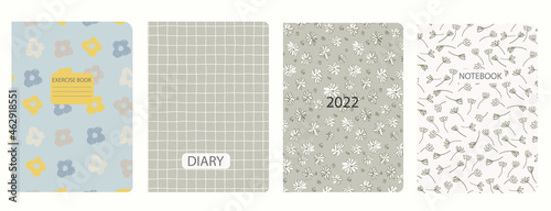 Set of cover page templates based on seamless patterns with viola, other flowers and gridlines. Backgrounds for notebooks, notepads, diaries. Headers isolated and replaceable