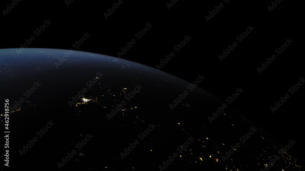 Naklejka premium Concept 28-P1 Beautiful Scenery of Realistic Planet Earth from Space with Atmosphere and City Lighting Effects at Night. High detailed 3D rendering.