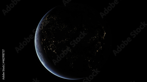 Concept 26-P1 Beautiful Scenery of Realistic Planet Earth from Space with Atmosphere and City Lighting Effects at Night. High detailed 3D rendering.