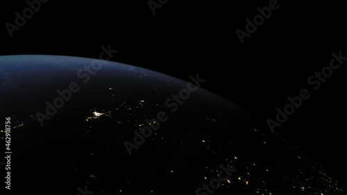 Concept 28-P1 Beautiful Scenery of Realistic Planet Earth from Space with Atmosphere and City Lighting Effects at Night. High detailed 3D rendering.