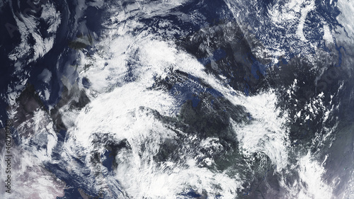 Concept 32-P1 Beautiful Scenery of Realistic Planet Earth Surface from Space with Atmospheric Clouds. High detailed 3D rendering.