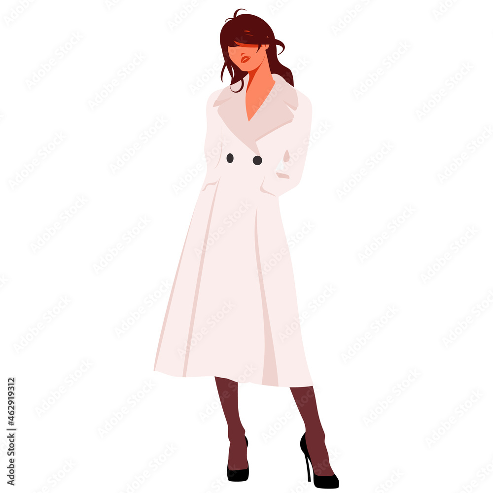 Beautiful young woman in coat and hat. Stylish clothing outfit. Fashion look. Vector illustration. Beautiful young woman in coat and hat. Stylish clothing outfit. Fashion look. Vector illustration.