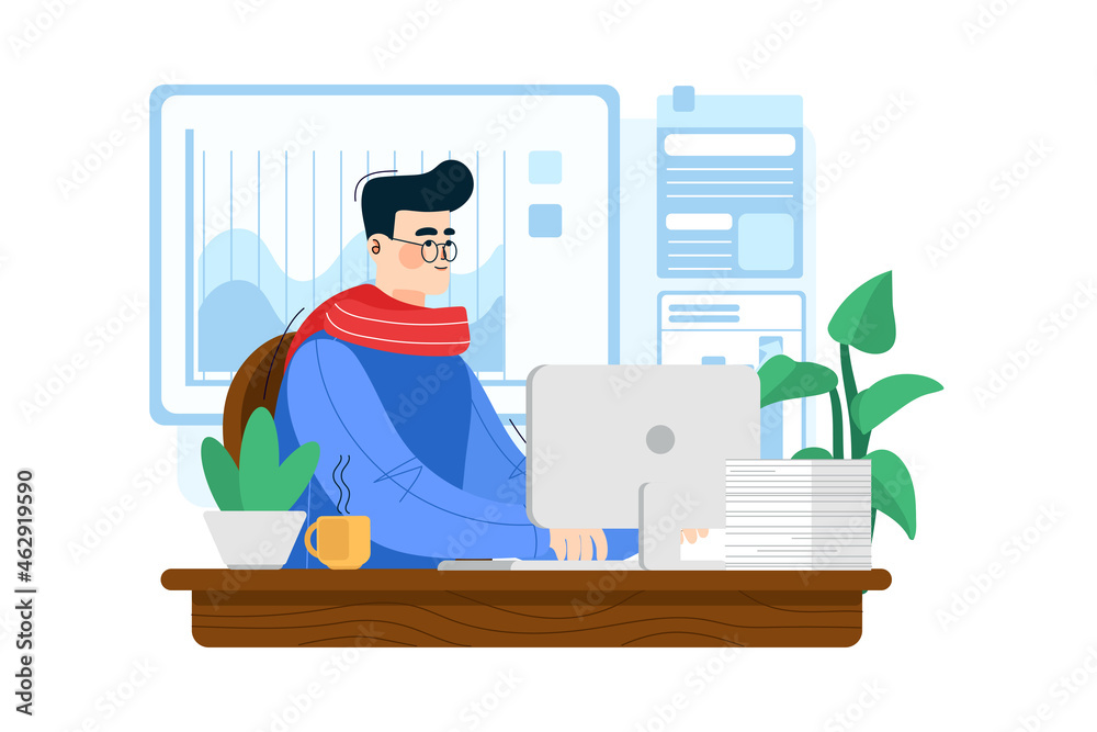 Fototapeta premium Young flat businessman with glasses at the computer at work.