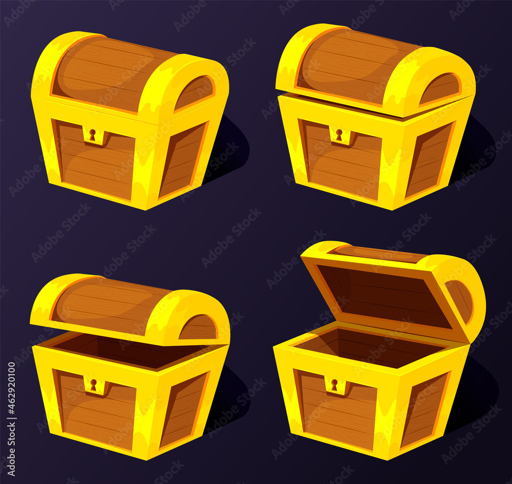 Treasure chest for animation. Cartoon empty treasure casket opening frames. Closed ancient chest with lock.