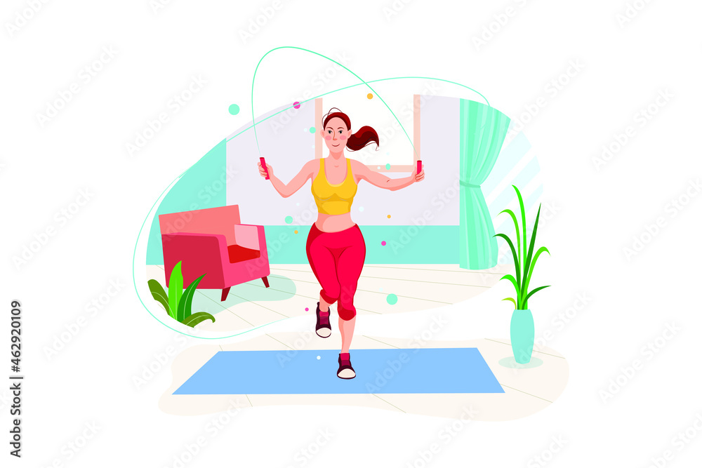 Girl skipping rope in her room Illustration concept.