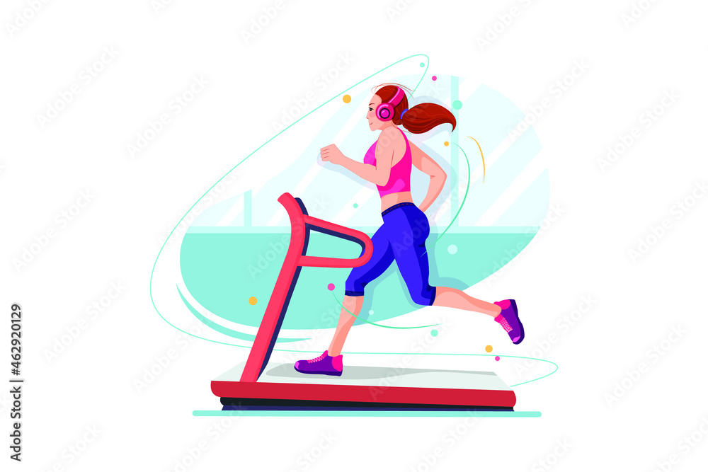 Girl works out on the treadmill Illustration concept.