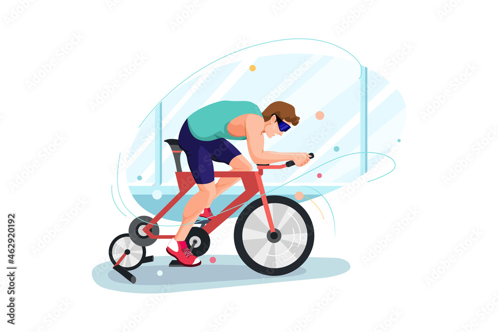 Fototapeta premium Man doing cycling on bicycle simulator Illustration concept.