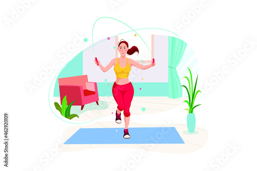 Girl skipping rope in her room Illustration concept.