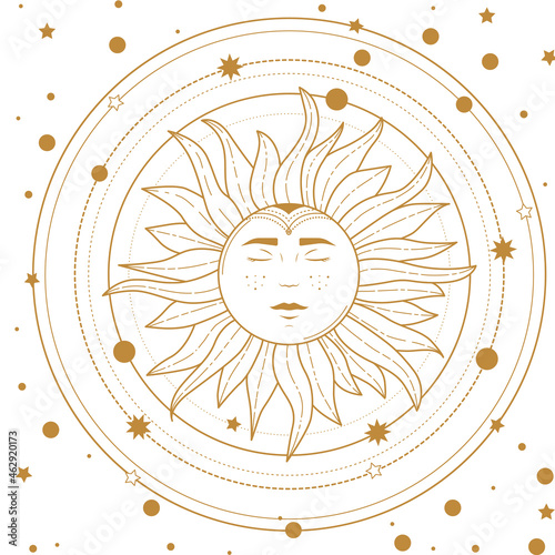 Magical banner for astrology, celestial alchemy. Golden crescent sun in the sky with clouds, moon and sun
