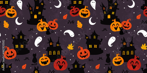 Fun halloween castles seamless pattern, cute ghosts, pumpkins, cats and decoration, great for banners, wallpapers, wrapping, textiles - vector design