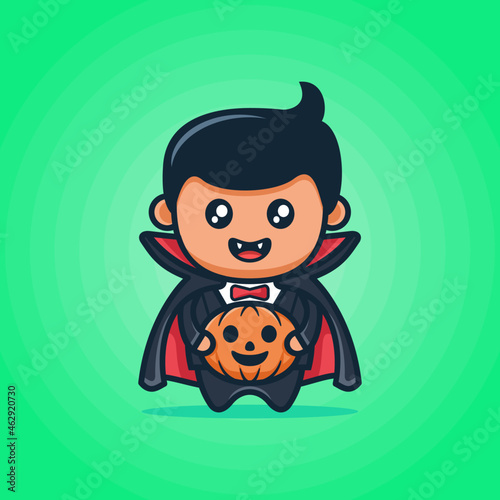 Cute Dracula cartoon wearing black cloak with smiling face holding a pumpkin in green background