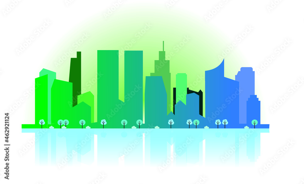 Flat design of cityscape with dominant blue and green color and reflection effect Flat design of cityscape with dominant blue and green color and reflection effect