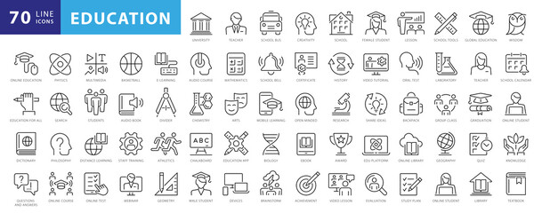 Back to school icon set with 50 different vector icons related with education, success, academic subjects and more. Editable stroke for your own needs