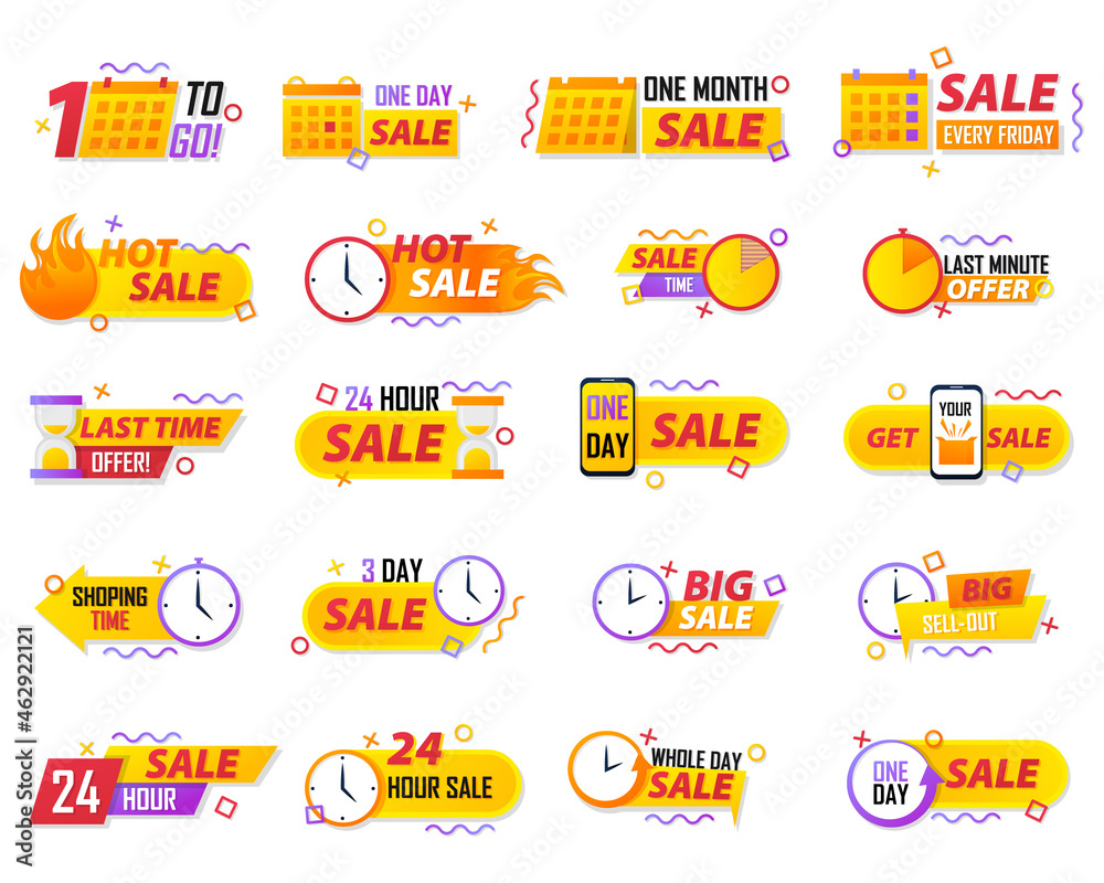 Sale countdown badges. Last minute offer banner, one day sales and 24 hour sale promo stickers. Minimal discount signs with clocks or calendars and ribbons for lettering.