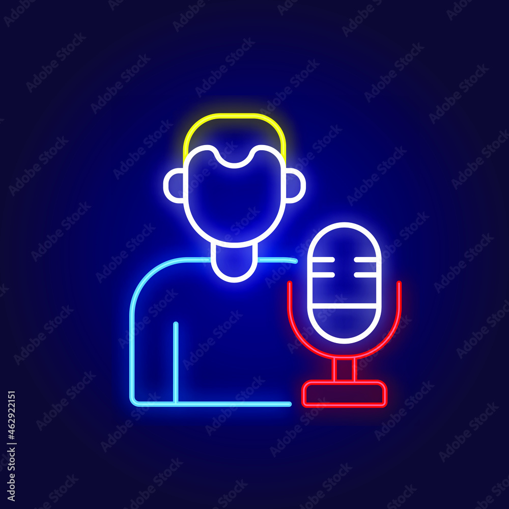Man with microphone color neon icon. Podcast. Thin line symbols. Isolated vector illustrations. Man with microphone color neon icon. Podcast. Thin line symbols. Isolated vector illustrations.