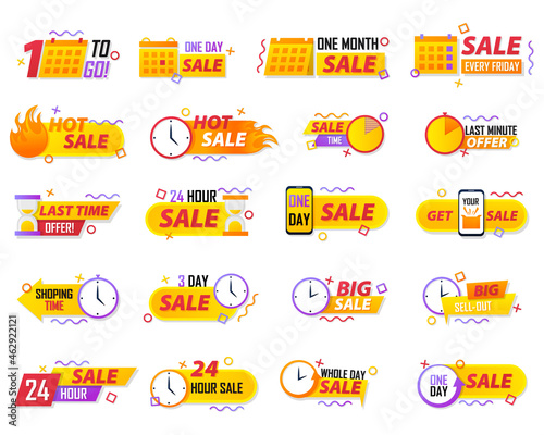 Sale countdown badges. Last minute offer banner, one day sales and 24 hour sale promo stickers. Minimal discount signs with clocks or calendars and ribbons for lettering.