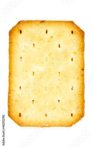 Single biscuit isolated on white background, top view.