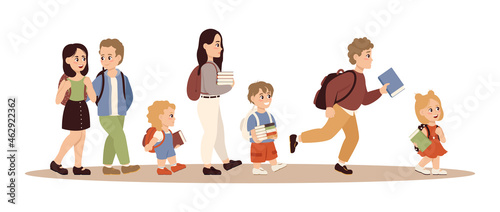 Set of cute children with backpack or bag going to elementary or middle school vector flat illustration. Collection of funny pupils or students isolated on white. Kids friends or classmates