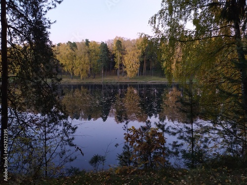 Fall landscape with reflection of trees in the calm river water in sunny autumn evening