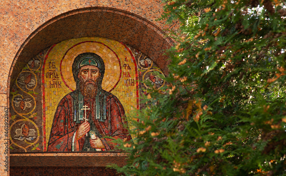 Mosaic decorations with images of Orthodox saints on the walls of the Church of the Holy Spirit in the city of Białystok in Podlasie, Poland.