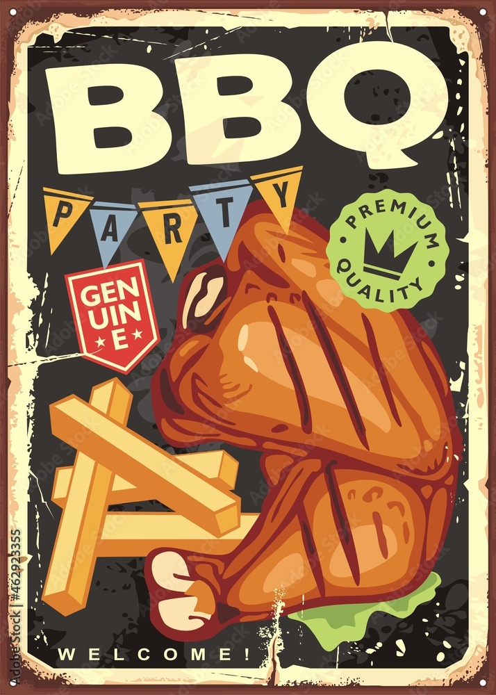 Obraz premium Chicken drumstick on barbecue with french fries and green lettuce retro tin sign graphic. BBQ party vintage ad invitation. Vector food poster.