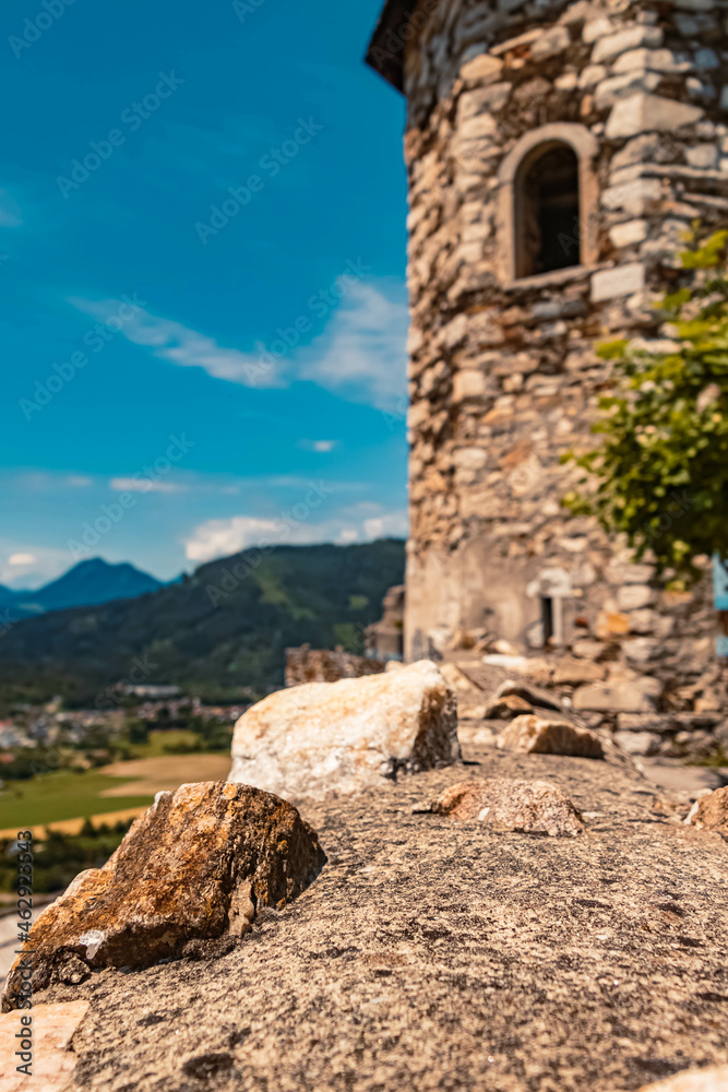 Beautiful alpine summer view with details of a stone wall at the famous Landskron castle ruins, Villach, Kaernten, Austria Beautiful alpine summer view with details of a stone wall at the famous Landskron castle ruins, Villach, Kaernten, Austria