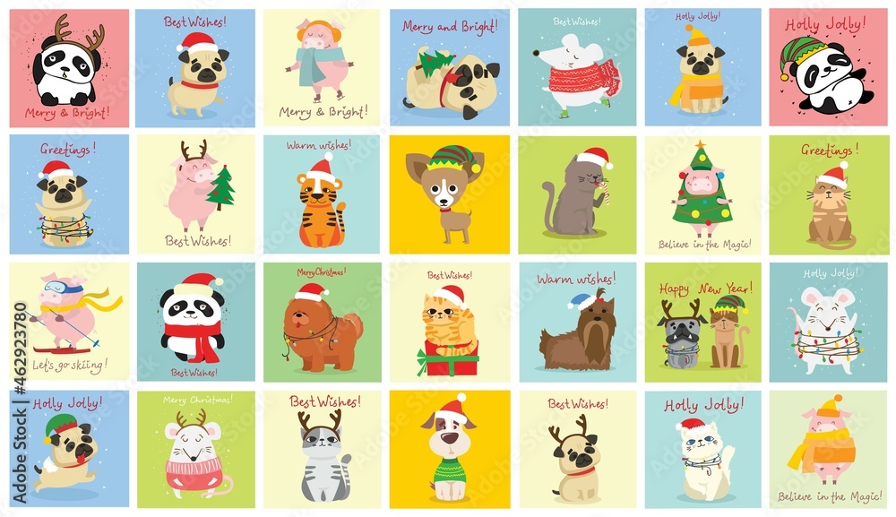 Christmas set of different animals and christmas symbol of the year tiger, rat, cat, dog with gifts and other