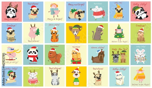 Christmas set of different animals and christmas symbol of the year tiger, rat, cat, dog with gifts and other