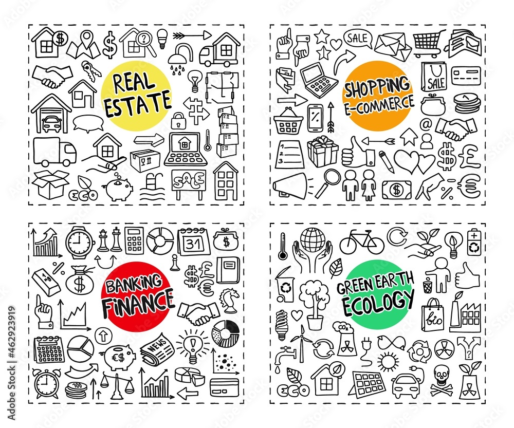 Finance and Banking, Ecology, Real Estate and Shopping doodle icons set