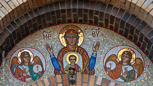 Mosaic decorations with images of Orthodox saints on the walls of the Church of the Holy Spirit in the city of Białystok in Podlasie, Poland.