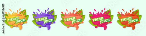 Juice fresh fruit set label icon. Orange, blueberry, peach, raspberry, strawberry concept. Design sticker. Vector illustration.
