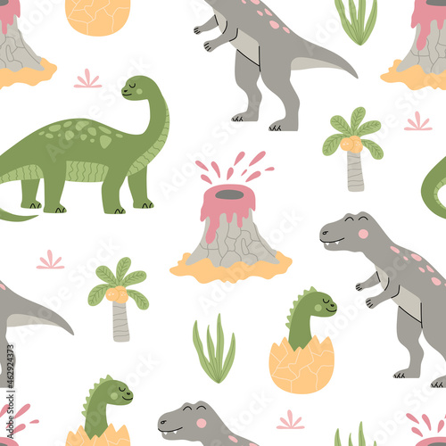 Cute dinosaurs seamless pattern cartoon  tropical plant  palm and volcano. Funny animals clip art. Colourful animals on white background. Hand drawn vector illustration in modern trendy flat style