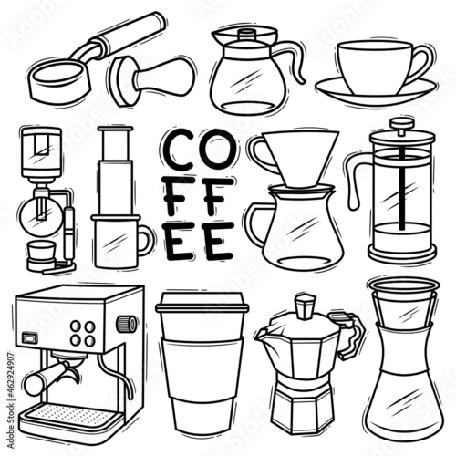Set Coffee Makers Tools Element Drawn Doodle