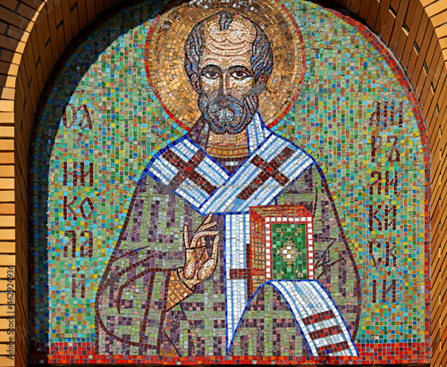 Mosaic decorations with images of Orthodox saints on the walls of the Church of the Holy Spirit in the city of Białystok in Podlasie, Poland.