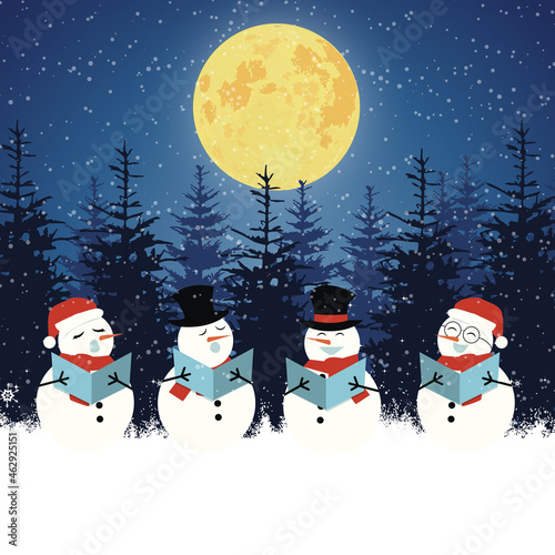 Snowman singing on Christmas night cartoon vector illustration. A choir of snowman singing in snowfall