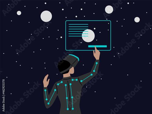 Metaverse concept art. Man in Virtual glasses and VR suit in Metaverse. Vector illustration.
