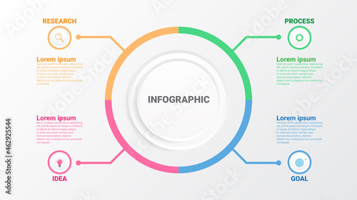 Infographic business model concept with 4 consecutive steps. four colorful graphic elements. Timeline design for brochures, presentations. Infographic design layout.
