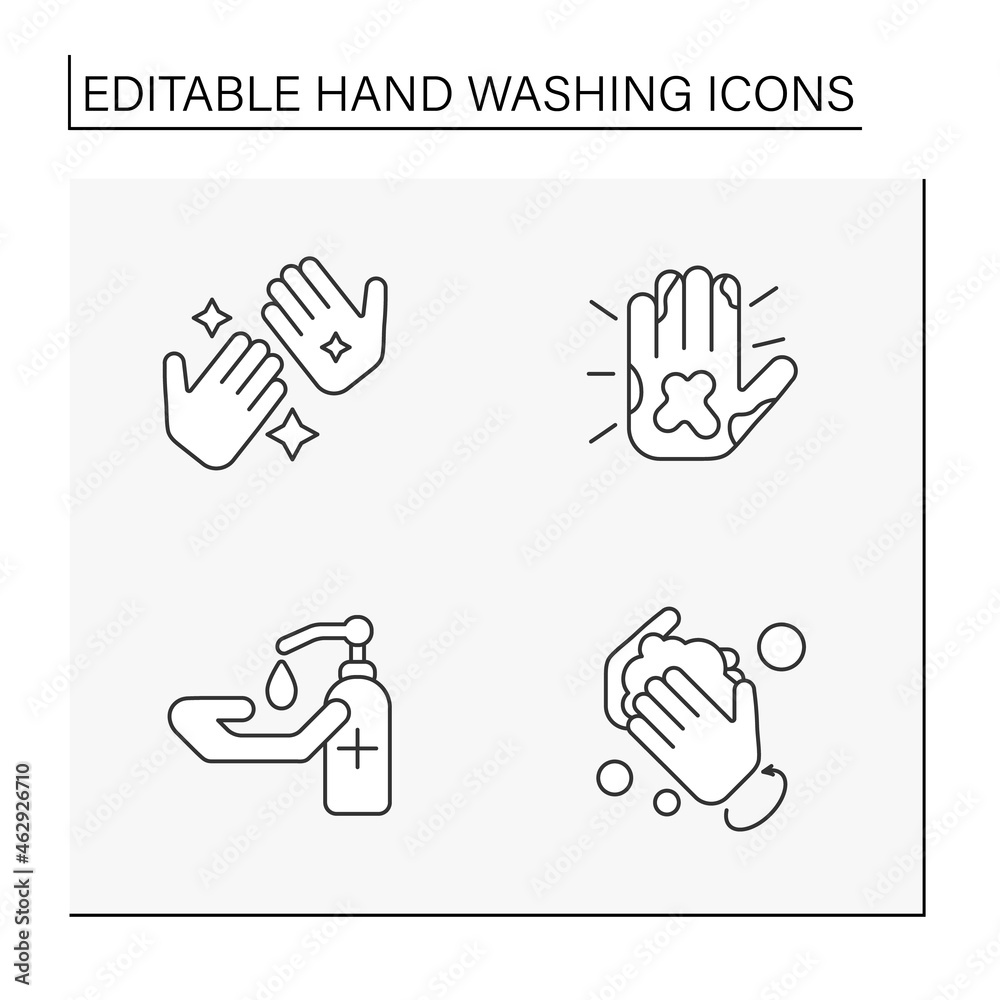Obraz premium Hand washing line icons set. Rules for cleaning palms. Disinfection. Hygiena concept. Isolated vector illustrations. Editable stroke