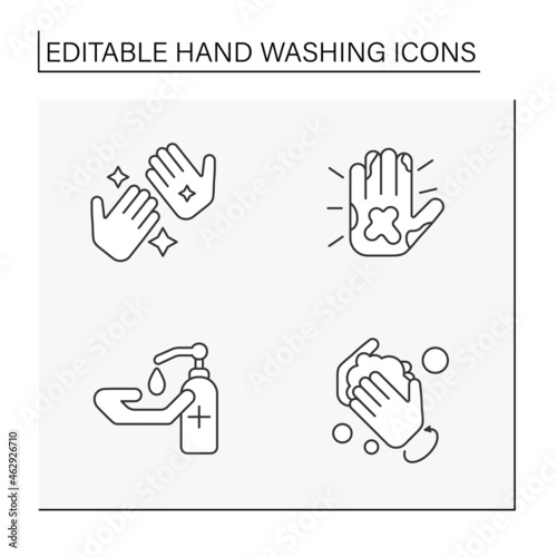 Hand washing line icons set. Rules for cleaning palms. Disinfection. Hygiena concept. Isolated vector illustrations. Editable stroke
