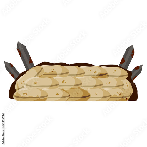 Barricade of sandbags. Fortified point. Defense construction. Modern warfare. Wall of bag. Outpost and barrier. Flat cartoon