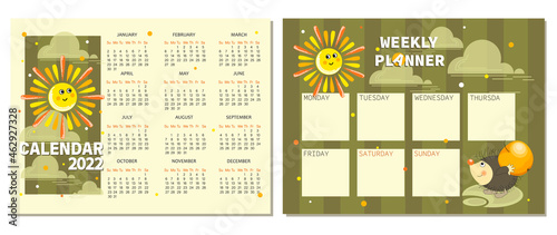 Sun. Calendar 2022. Vector calendar, childrens organizer, template for planners notebook, planning. 